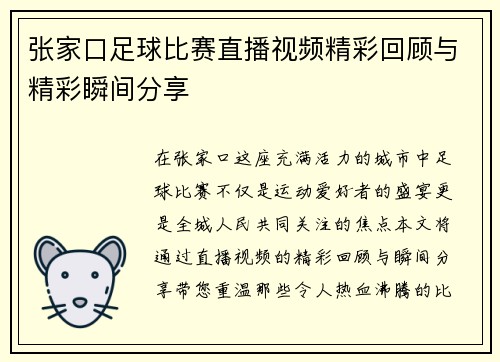 张家口足球比赛直播视频精彩回顾与精彩瞬间分享